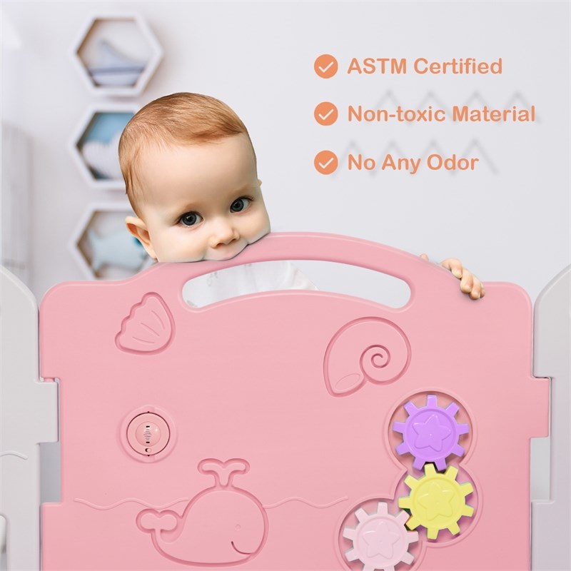 Costway 14-Panel Baby Playpen Kids Activity Center Playard Pink Gray Plastic
