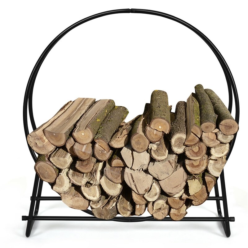 40-Inch Tubular Steel Log Hoop Firewood Storage Rack Holder Round Black Metal