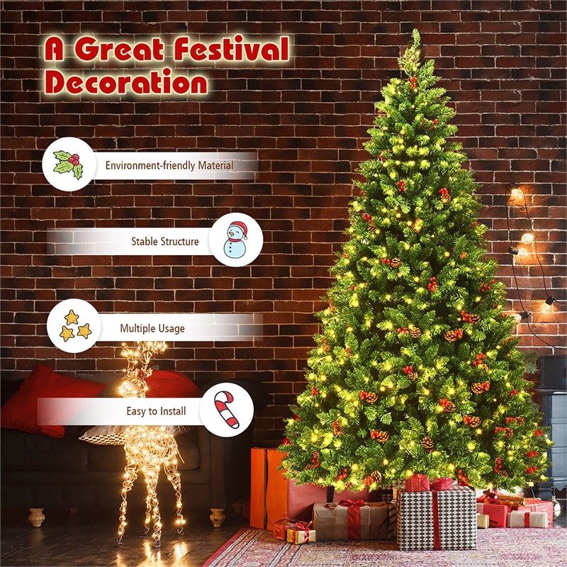 7.5Ft Pre-lit Hinged Christmas Tree w/ Pine Cones Red Berries and 550 LED Green