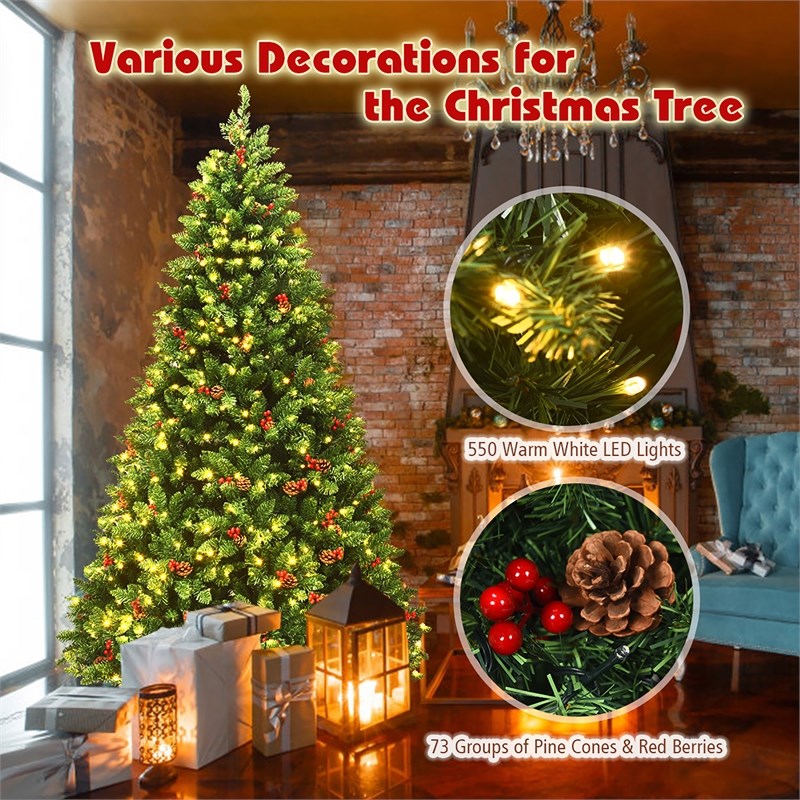7.5Ft Pre-lit Hinged Christmas Tree w/ Pine Cones Red Berries and 550 LED Green