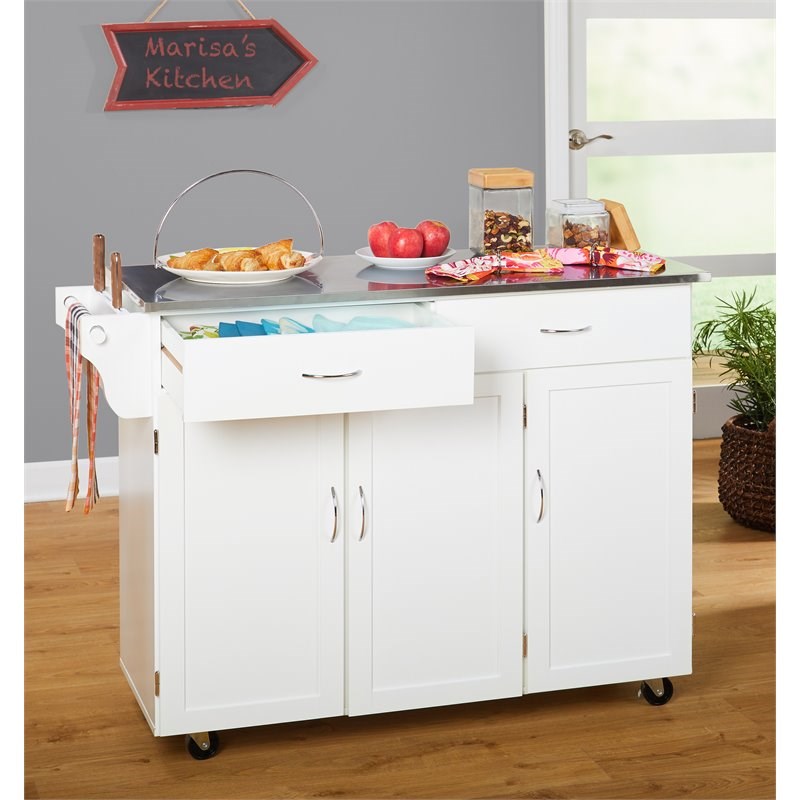 TMS Extra Large Stainless Steel Top & MDF Wood Kitchen Cart in White
