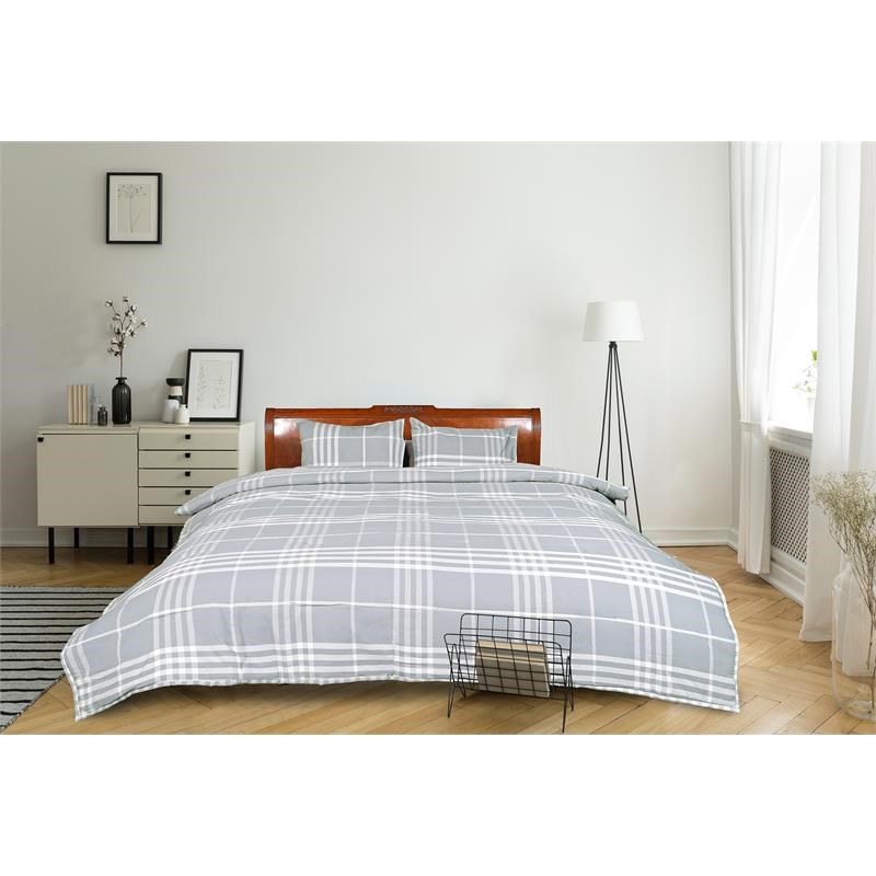 Banbury Plaid Grey and Ivory Cotton Queen Comforter Set