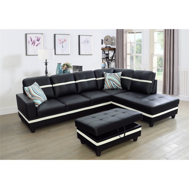 Lifestyle Furniture Biscuits Right-Facing Sectional & Ottoman in Black/White