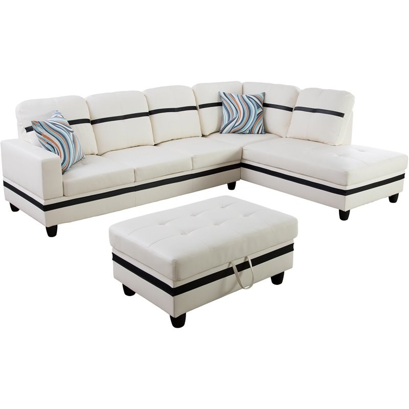 Lifestyle Furniture Biscuits Right-Facing Sectional & Ottoman in White/Black