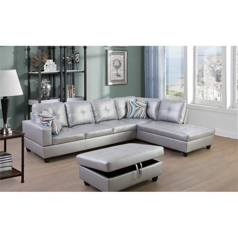 Lifestyle Furniture Biscuits Right-Facing Sectional & Ottoman in Silver/White