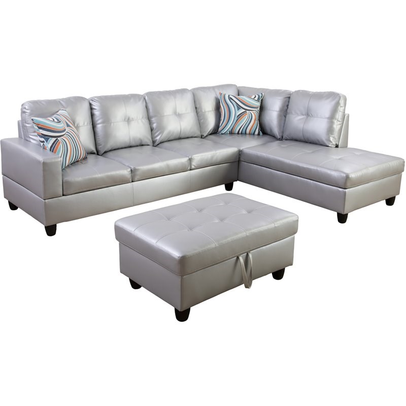 Lifestyle Furniture Biscuits Right-Facing Sectional & Ottoman in Silver/White