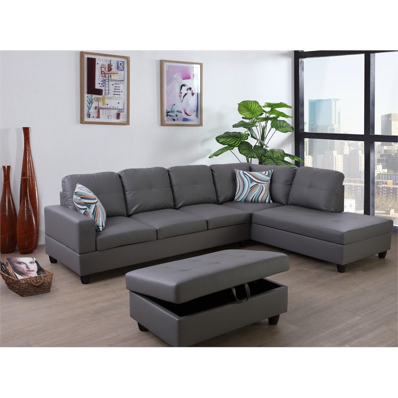 Lifestyle Furniture Biscuits Right-Facing Sectional & Ottoman in Raining Gray