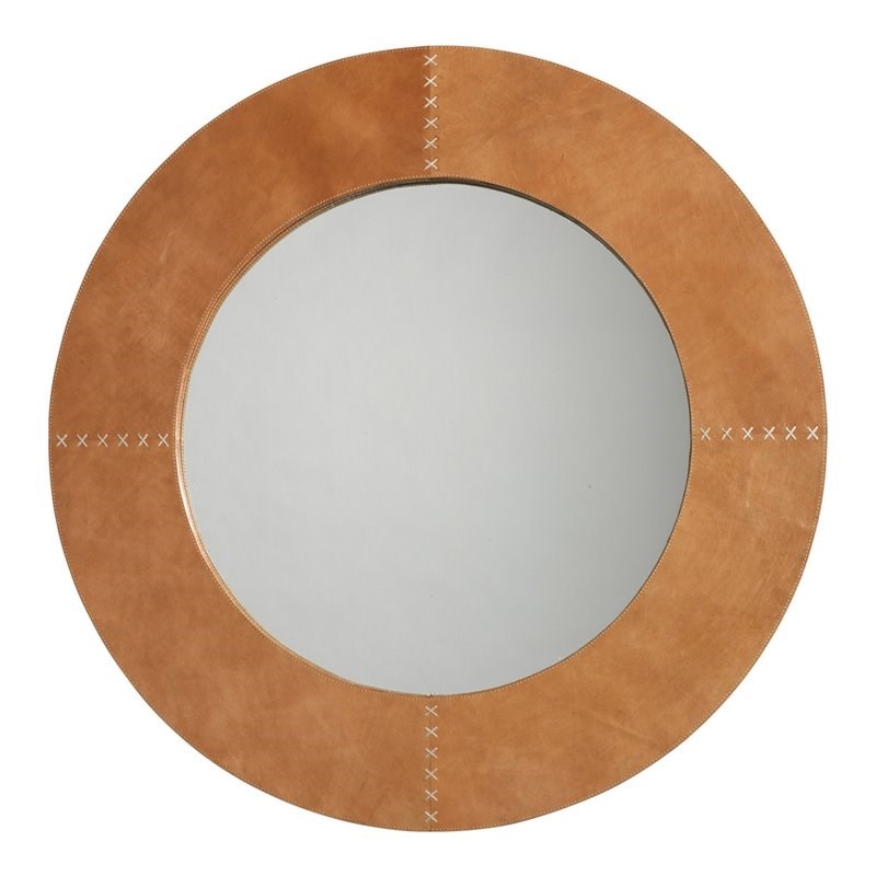 Jamie Young Co Round Traditional Leather Cross Stitch Mirror in Orange