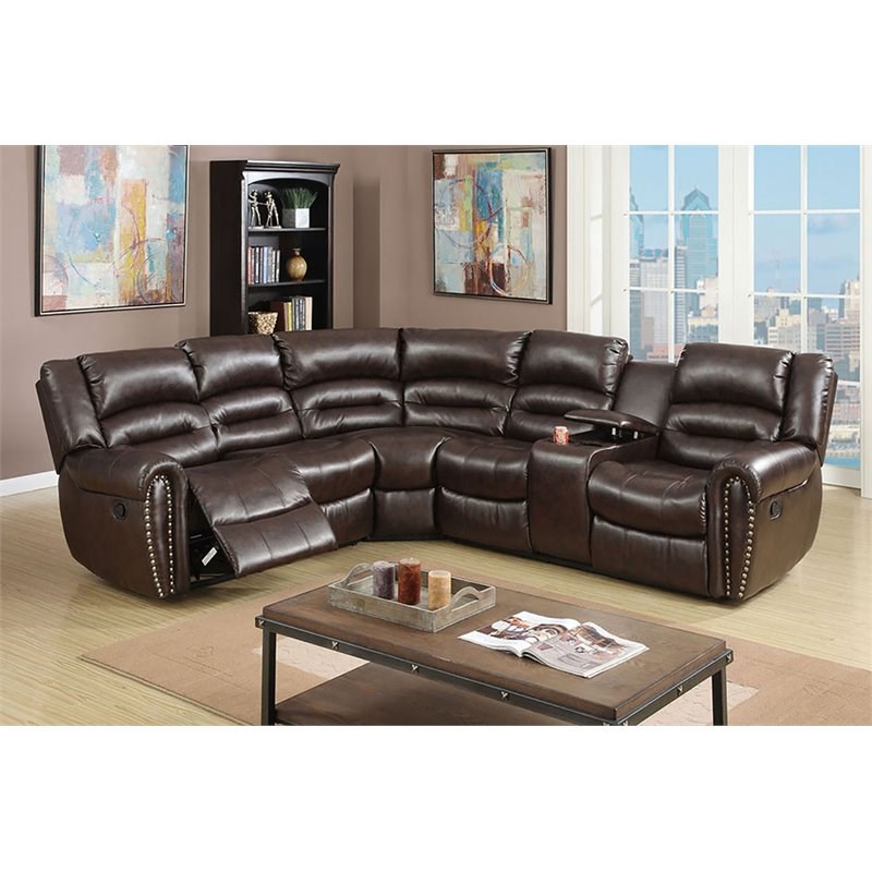 Simple Relax Bonded Faux Leather & Pine Frame Motion Sectional in Brown