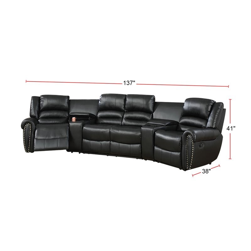 Simple Relax 5-Piece Bonded Faux Leather Motion Sectional in Black
