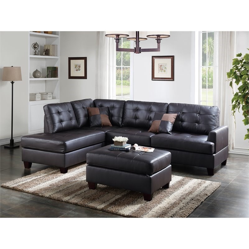 Simple Relax 3-Piece Faux Leather Sectional Sofa with Ottoman in Espresso