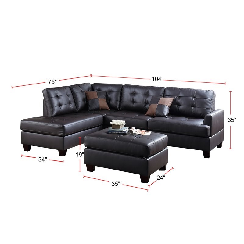 Simple Relax 3-Piece Faux Leather Sectional Sofa with Ottoman in Espresso