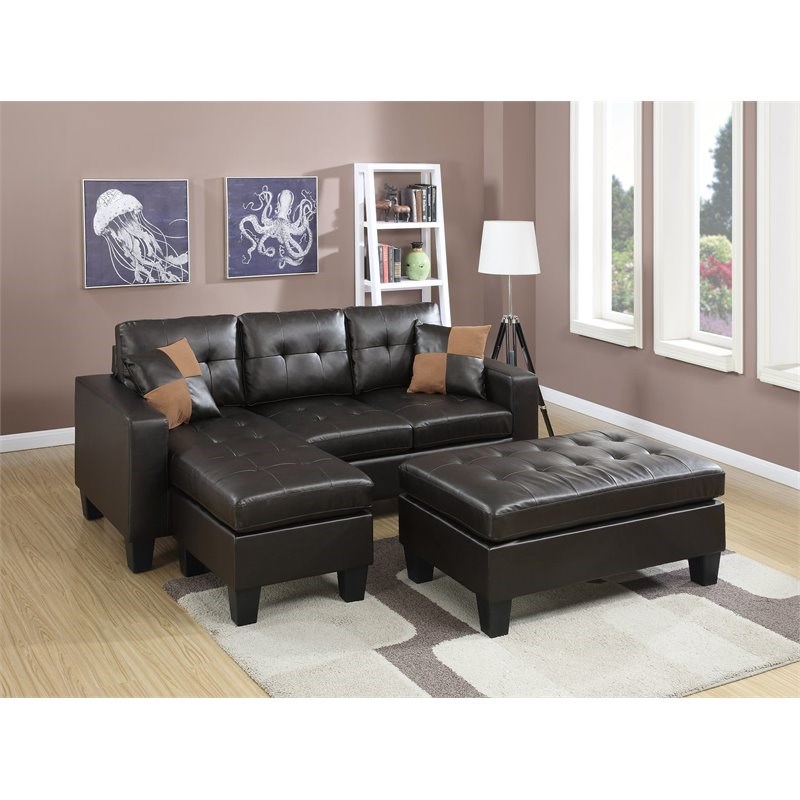 Simple Relax Bonded Faux Leather Sectional Sofa with Ottoman in Brown