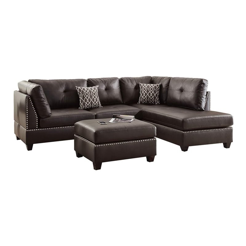 Simple Relax Faux Leather Chaise Sectional Set with Ottoman in Espresso