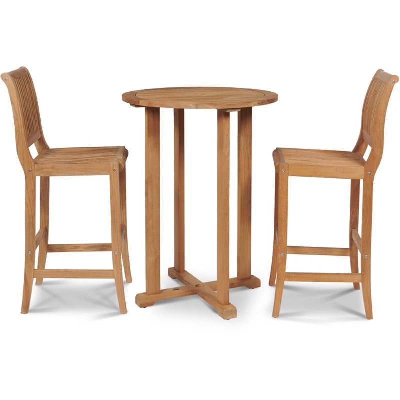 HiTeak Furniture Palm 3 Piece Teak Wooden Round Patio Bar Set in Natural