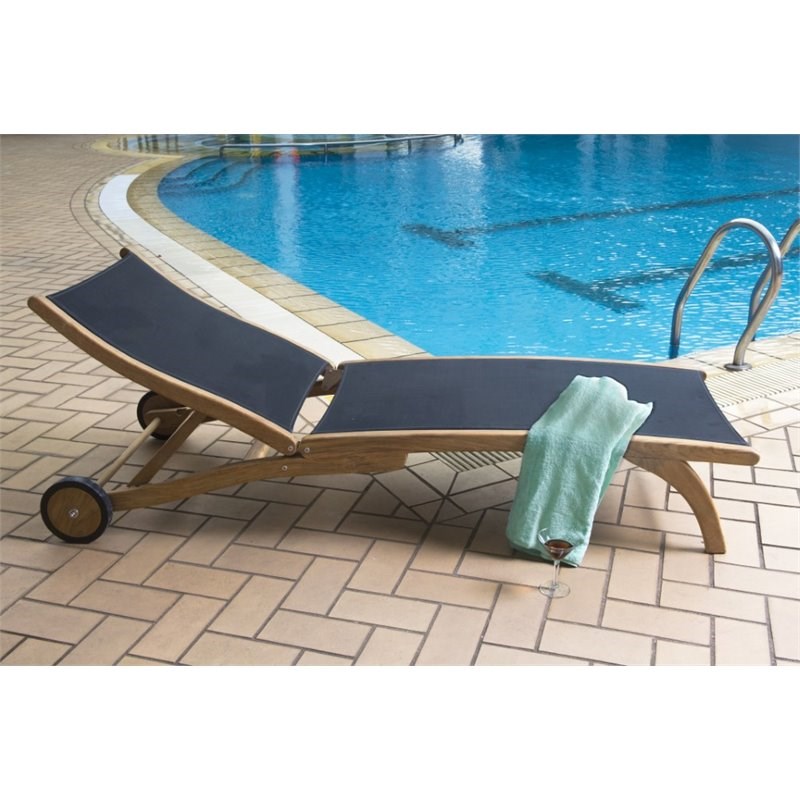 HiTeak Furniture Pearl Teak Patio Chaise Lounge with Wheels in Natural and Black