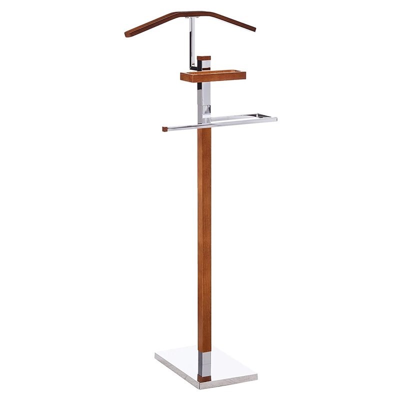 Pilaster Designs Falcon Metal and Wood Suit & Tie Valet Stand in Tobacco/Chrome