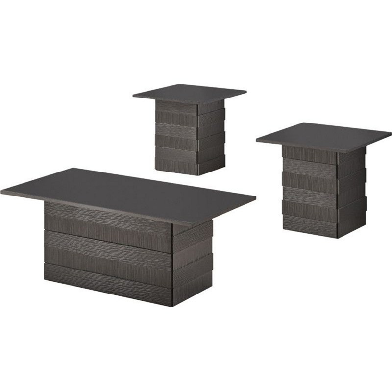 Hallett Modern Embossed Pedestal Coffee Table Set in Metallic Gray Wood