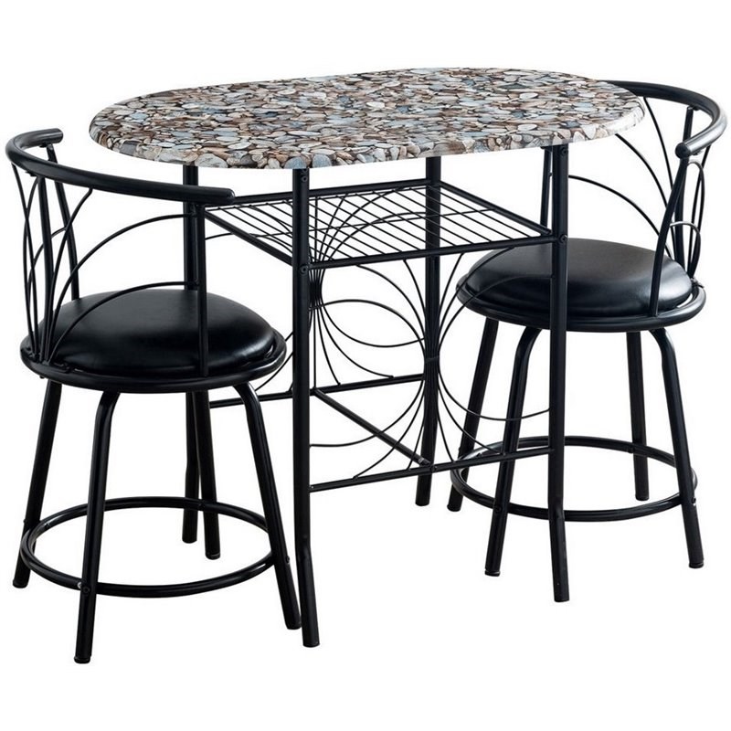 Carmona 3Pc Transitional Metal Frame With Cobblestone Wood Top Pub Set in Black