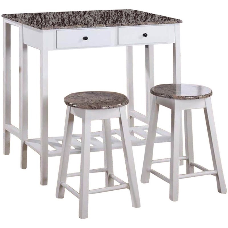 Rave 3 Pc Contemporary Kitchen Breakfast Pub Set in White With Marble Top Wood