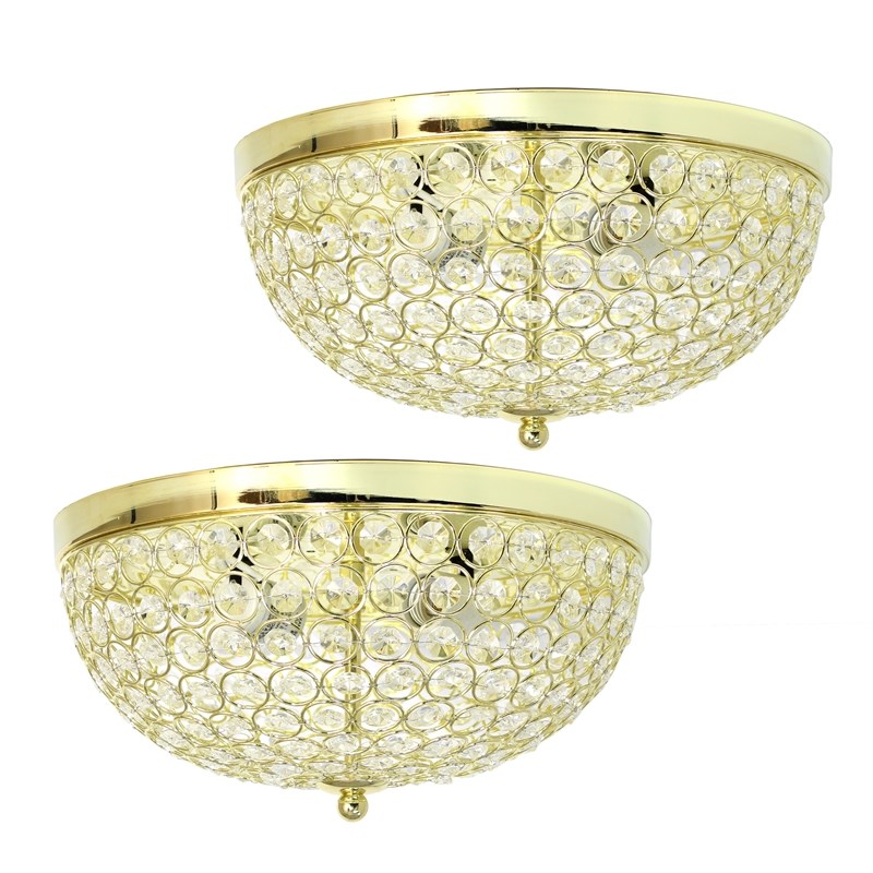 Elegant Designs Crystal 2 Light Flush Mounting Ceiling Light 2 Pack in Gold