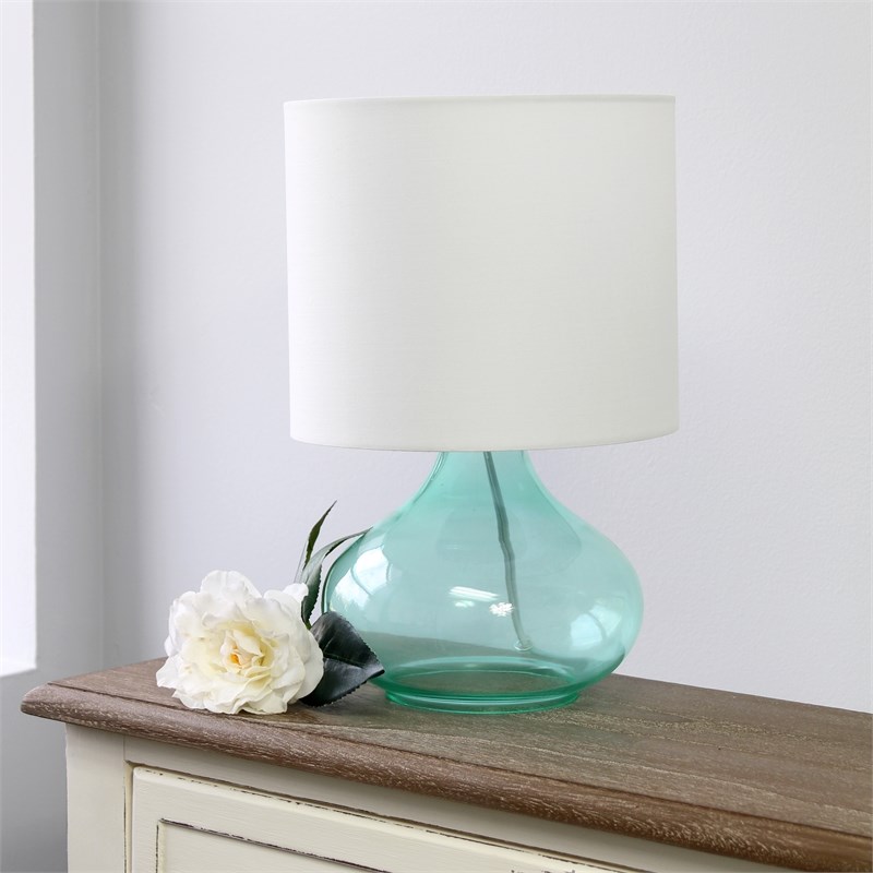Simple Designs Glass Raindrop Table Lamp in White with Aqua Blue Shade