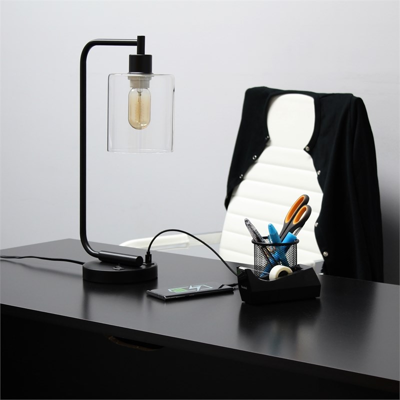 Lalia Home Modern Iron Desk Lamp with USB Port and Glass Shade Black