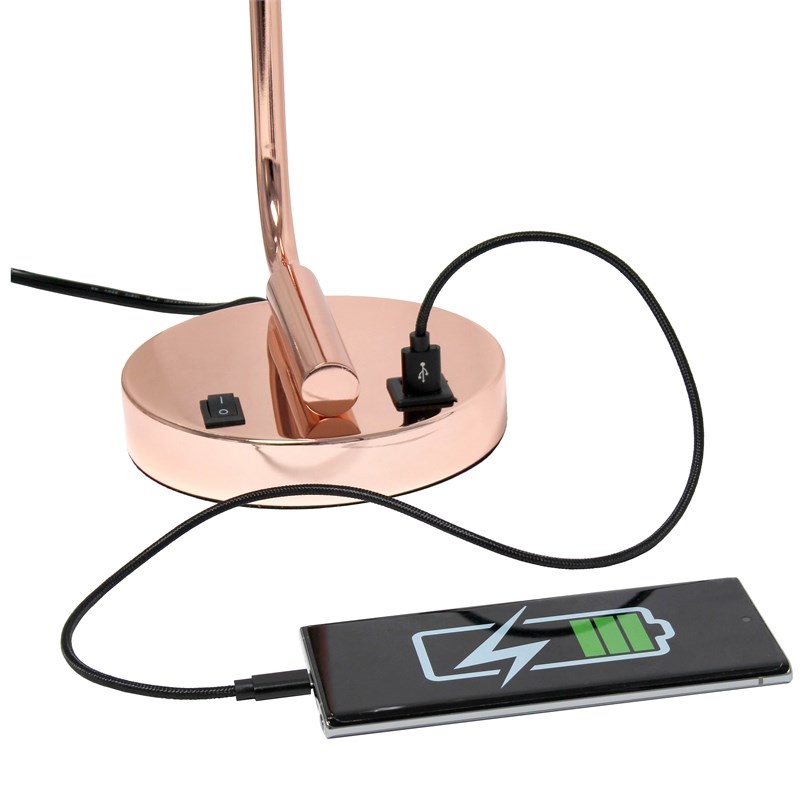 Lalia Home Modern Metal Desk Lamp with USB Port and Glass Shade Rose Gold