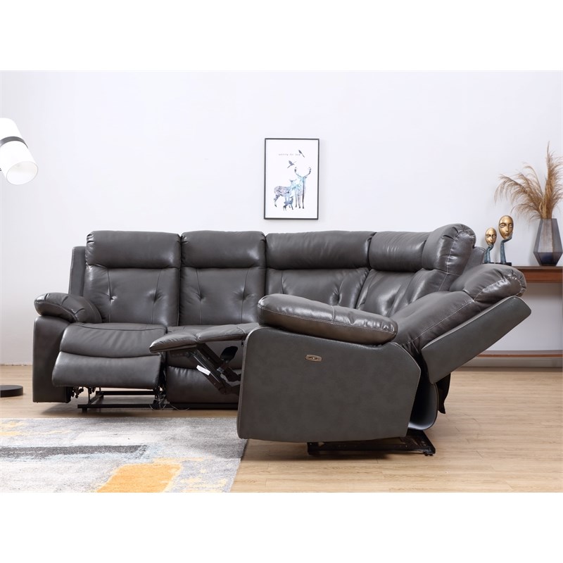 Titan Furnishings Faux Leather Sectional with Power Recliner in Dark Gray