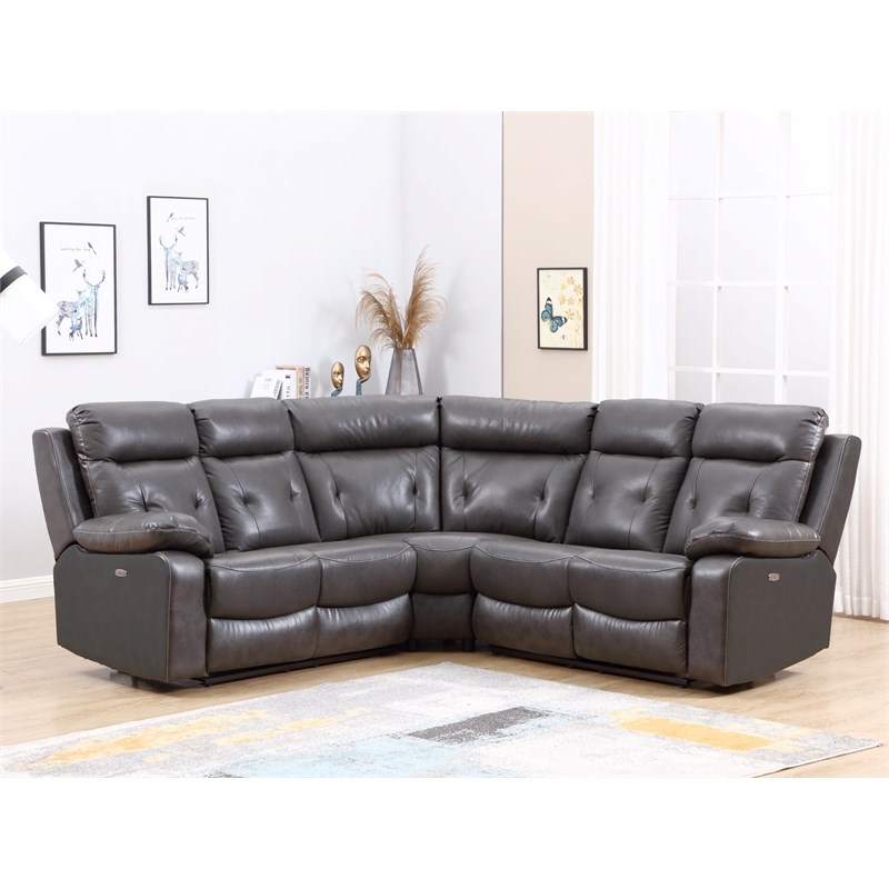 Titan Furnishings Faux Leather Sectional with Power Recliner in Dark Gray