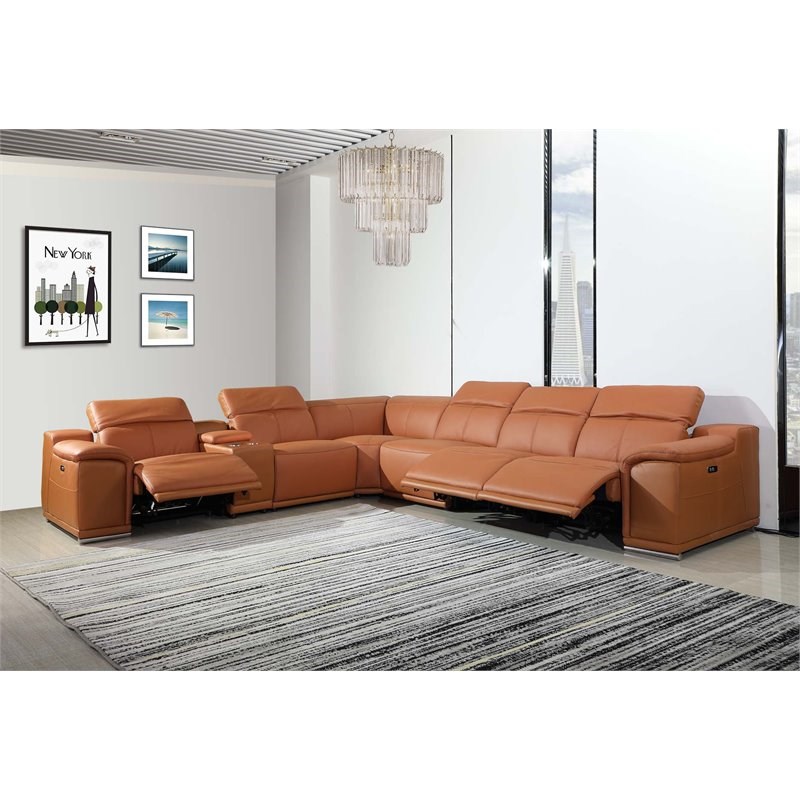 Titan Furnishings 7-Piece 1 Console 3-Power Reclining Leather Sectional in Brown