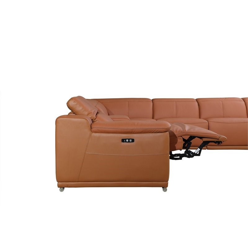 Titan Furnishings 7-Piece 1 Console 3-Power Reclining Leather Sectional in Brown