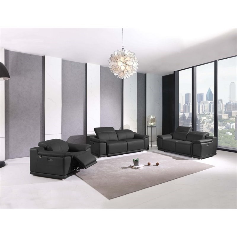 Titan Furnishings Genuine Leather Power Reclining Sofa Set in Dark Gray