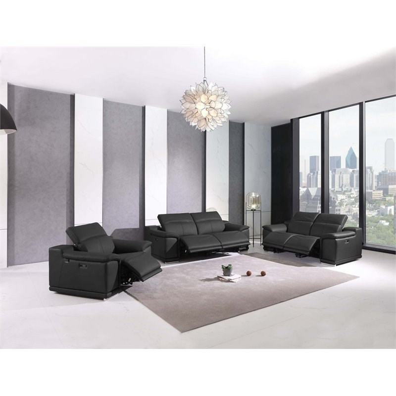 Titan Furnishings Genuine Leather Power Reclining Sofa Set in Dark Gray