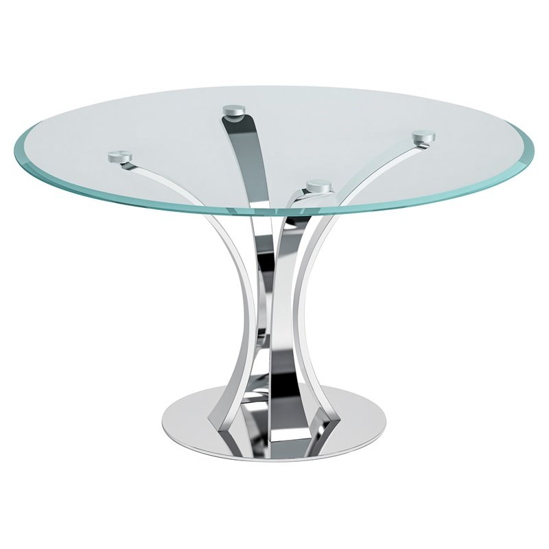 Milan Rubia Round Glass Pedestal Dining Table with Stainless Steel Base in Clear