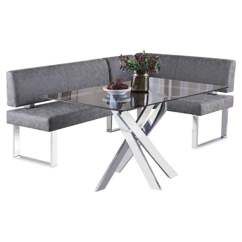 Milan Gene 2-piece Steel Dining Set with Nook in Dark Gray Faux Leather