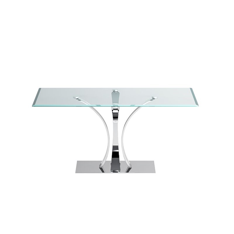 Milan Rectangular Glass Pedestal Dining Table with Stainless Steel Base in Clear