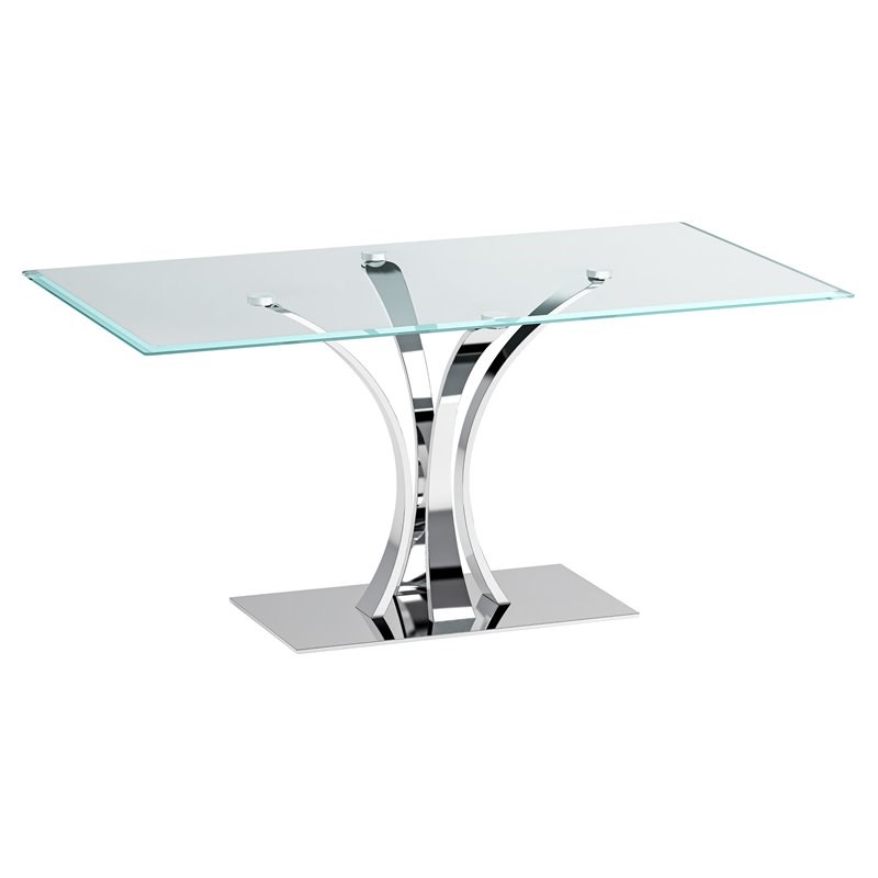 Milan Rectangular Glass Pedestal Dining Table with Stainless Steel Base in Clear