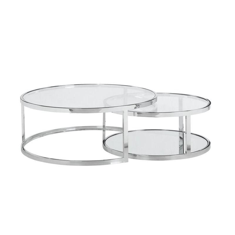 Milan Contemporary Steel and Glass 2-In-1 Nesting Cocktail Table Set in Clear