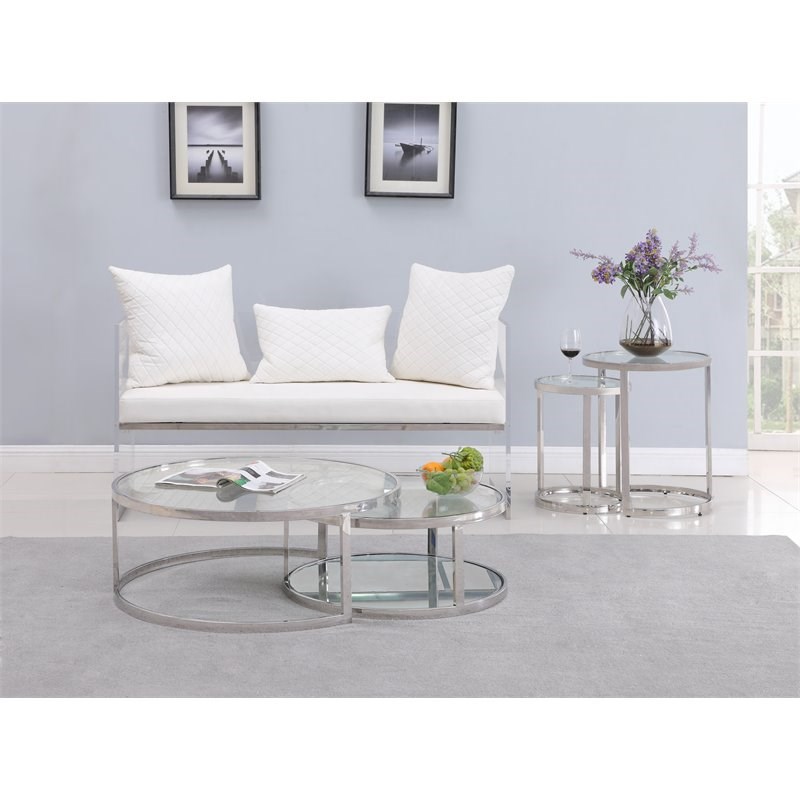 Milan Contemporary Steel and Glass 2-In-1 Nesting Cocktail Table Set in Clear