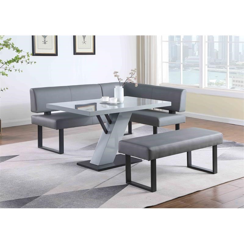 Milan Lillian Gloss Gray/Matte Black Wood Dining Set with Gray Nook and Bench