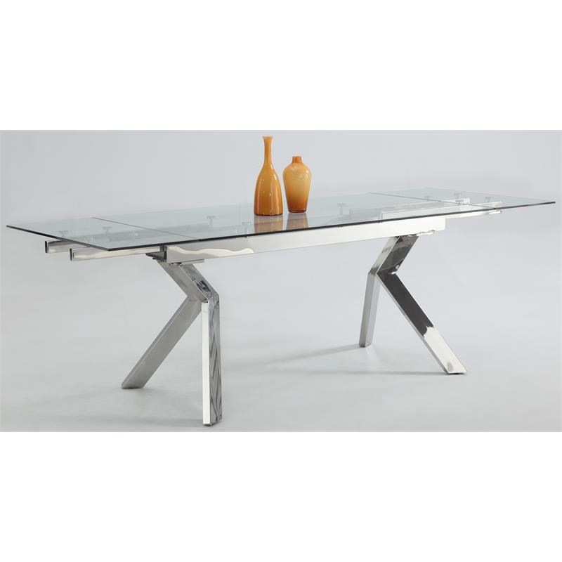 Milan Elora Tempered Clear Glass Dining Table w/ Polished Stainless Steel Legs