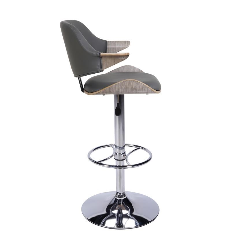 Milan Curved Back Adjustable Bar Stool w/Silver Oak Finish and Gray Faux Leather
