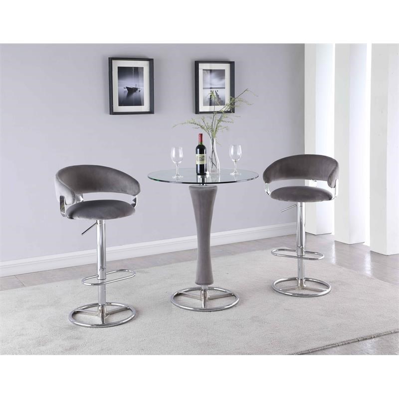 Milan 3-Piece Round Glass Pub Set w/ Gray Upholstered Pedestal and 2 Stools
