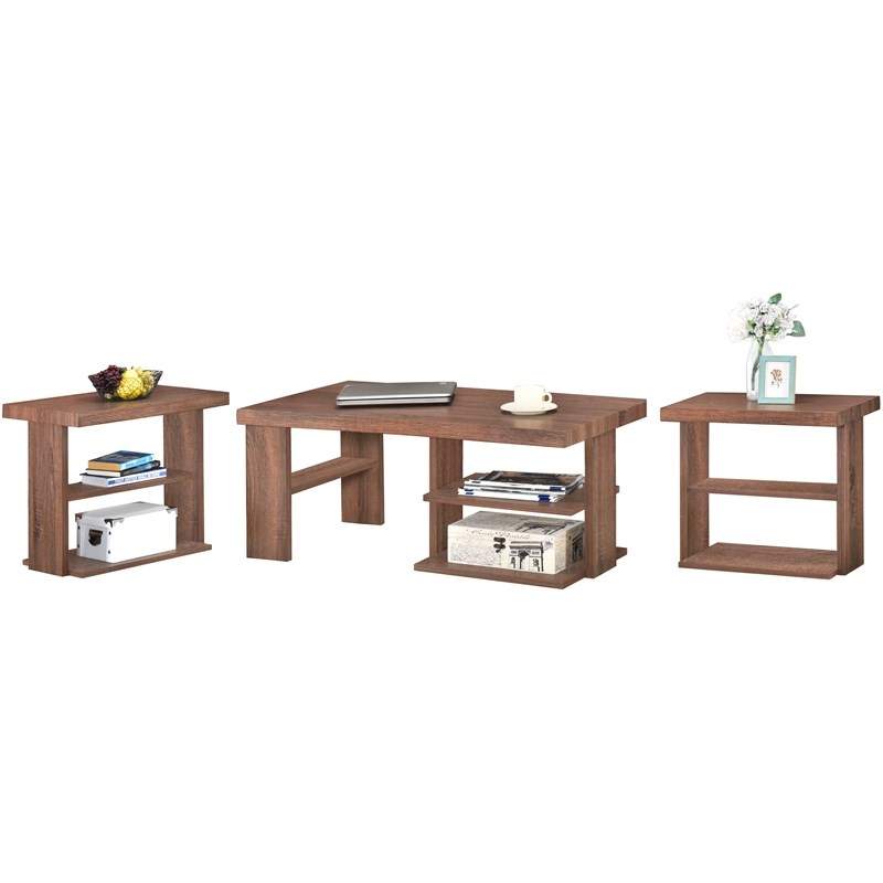 Titanic Furniture Jeff 3-Piece Brown Wood Coffee Table Set with Floating Shelves
