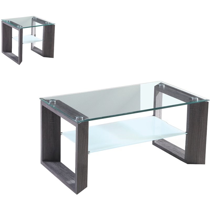 Titanic Furniture Danny Glass Coffee Table with Shelf with Gray Wood Legs