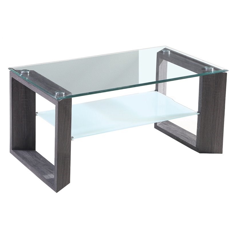 Titanic Furniture Danny Glass Coffee Table with Shelf with Gray Wood Legs