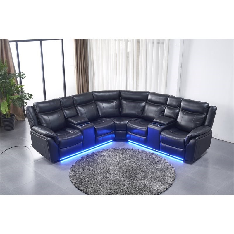 Titanic Furniture Falcon Black Bonded Leather Sectional with LED Lights