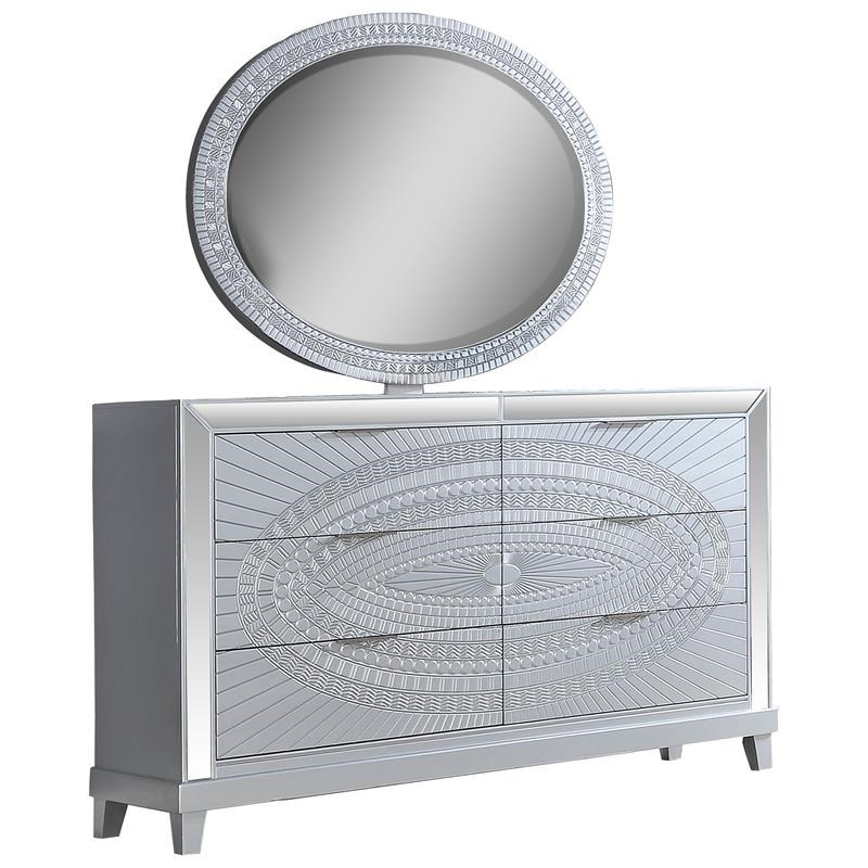 Titanic Furniture Nova Round Gray High Polished Mirror with Carved Designs