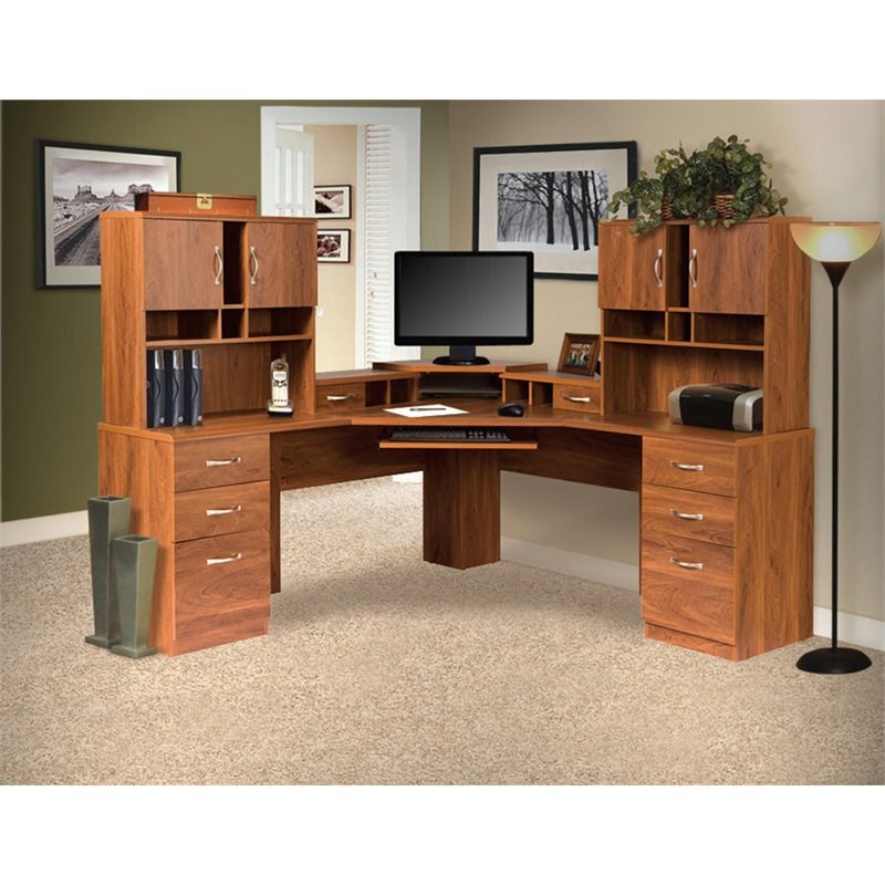 OS Home and Office Furniture Wood Corner L-Workcenter with 2 Hutches in Oak